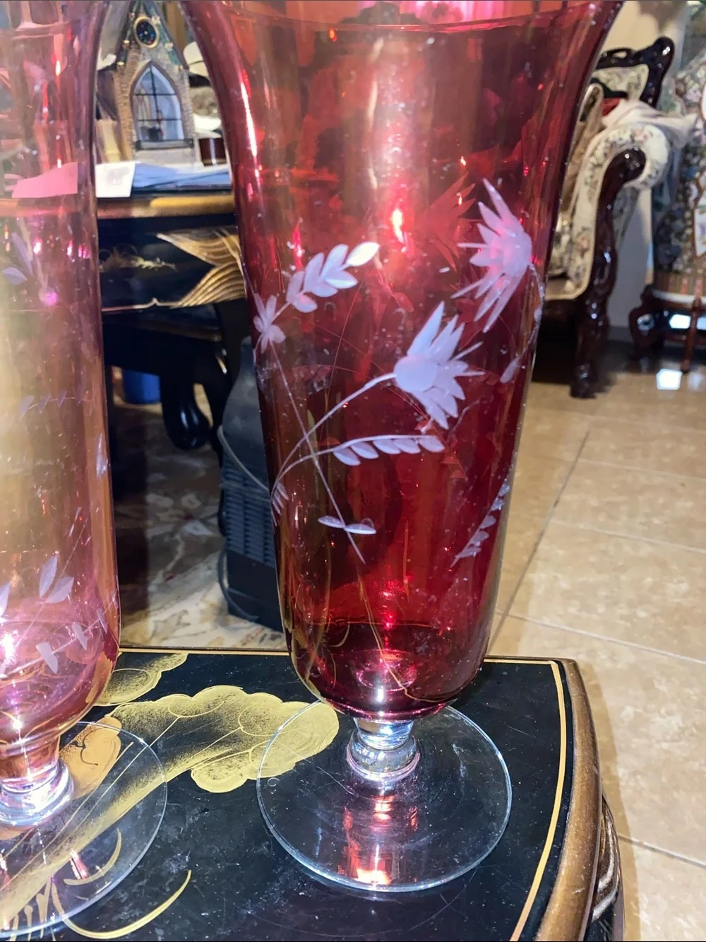 Vintage Hand-Etched Ruby and Rose Pink Glass Vases - Elegant Floral Design